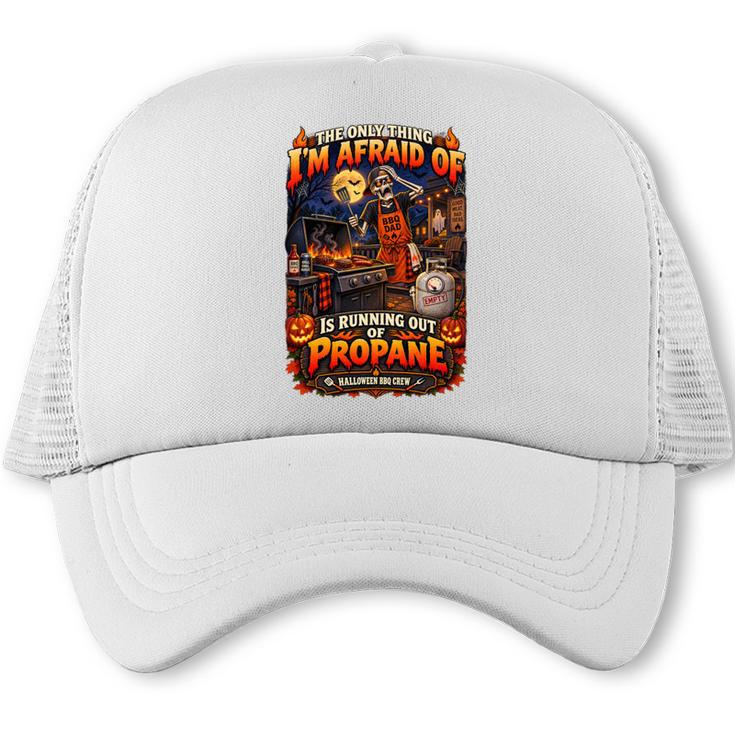 Halloween BBQ Dad Running Out Of Propane Grill Comfort Colors Crop Top Trucker Cap