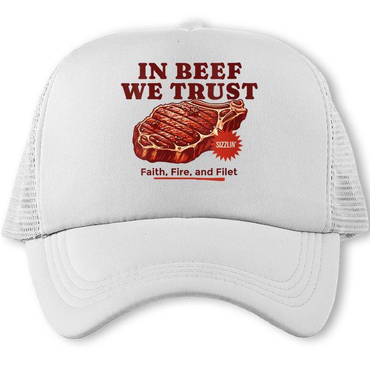 Women's In Beef We Trust BBQ Dad Joke Grill Steak Carnivore Trucker Cap