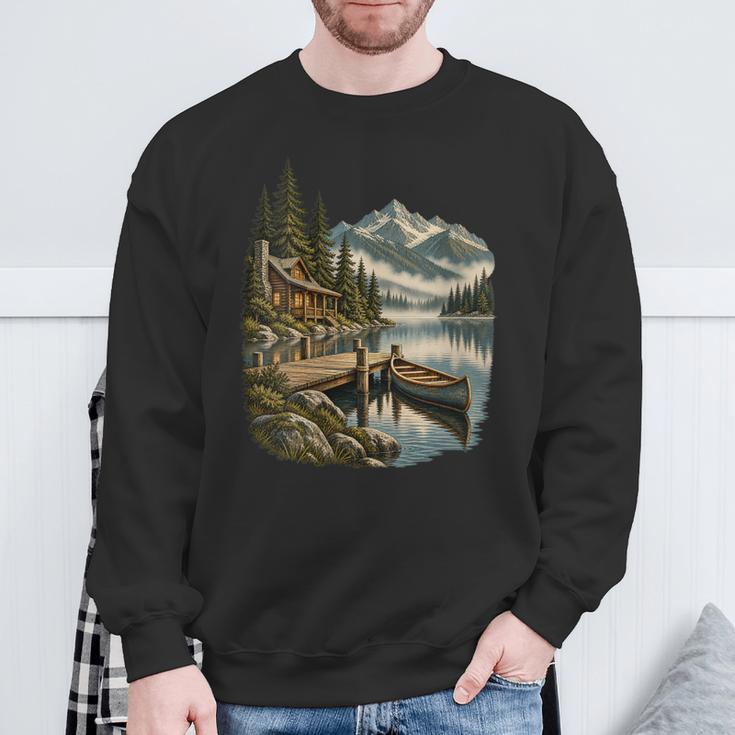 Women's Lakeside Canoe Cabin Escape Scene Sweatshirt Gifts for Old Men Women's Lakeside Canoe Cabin Escape Scene Sweatshirt Gifts for Old Men