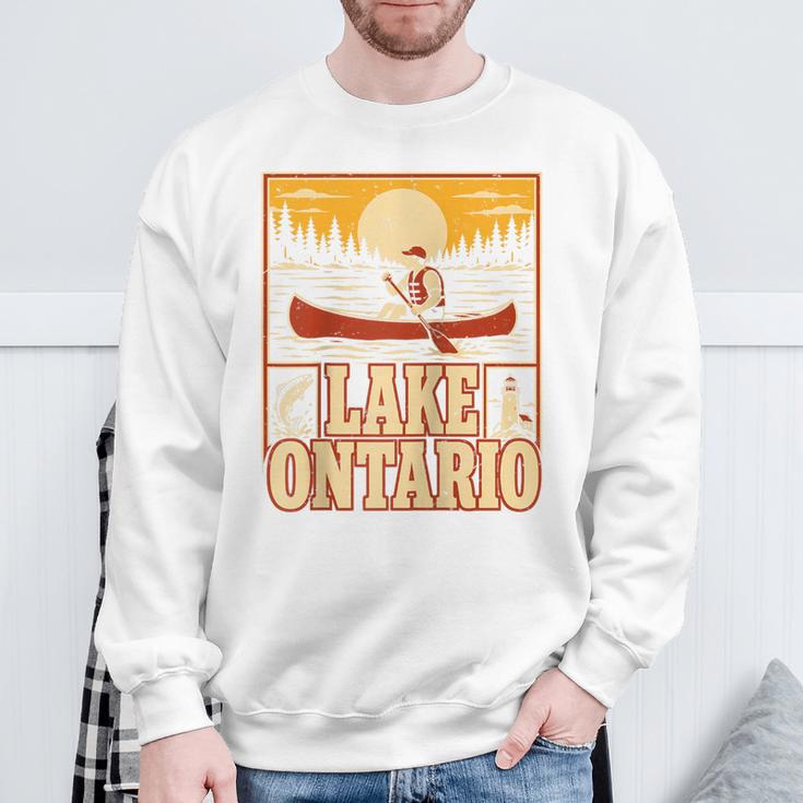 Lake Ontario Canoe Fishing Light House Sunset Retro Raglan Baseball Tee Sweatshirt Gifts for Old Men