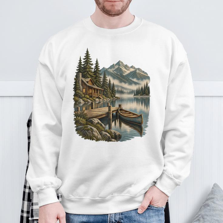 Lakeside Canoe Cabin Escape Scene Raglan Baseball Tee Sweatshirt Gifts for Old Men Lakeside Canoe Cabin Escape Scene Raglan Baseball Tee Sweatshirt Gifts for Old Men