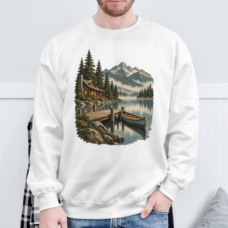 Lakeside Canoe Cabin Escape Scene Sweatshirt Gifts for Old Men
