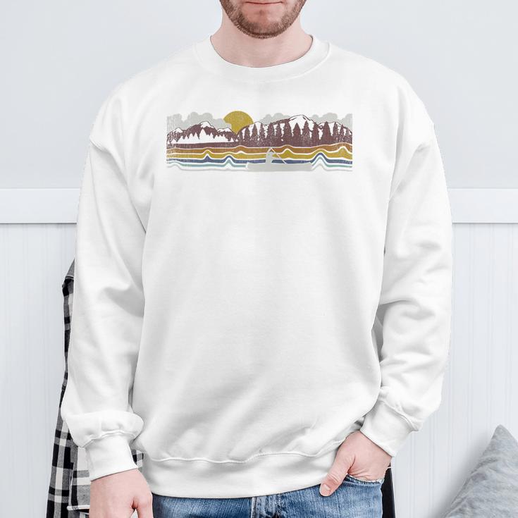 Trendy Canoe Silhouette Colourful Landscape Raglan Baseball Tee Sweatshirt Gifts for Old Men
