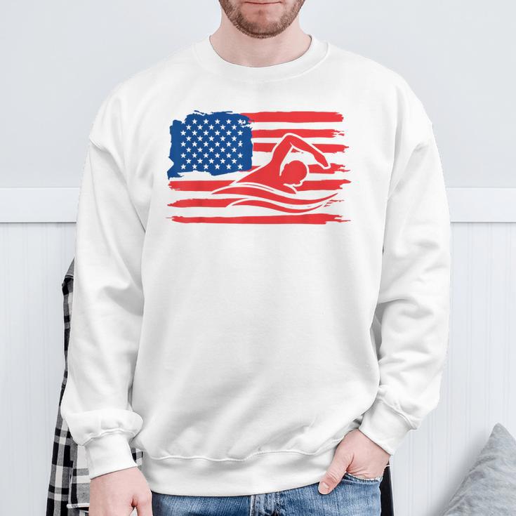 Vintage American Flag Swim Team Swimmer Funny Swimming Gift Sweatshirt Gifts for Old Men