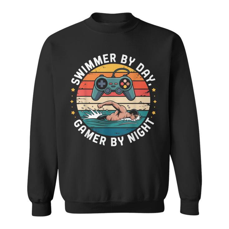 Swimmer By Day Gamer By Night Swimming Vintage Gaming Swim Sweatshirt
