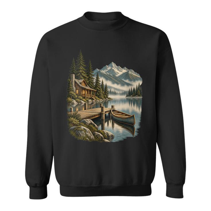 Women's Lakeside Canoe Cabin Escape Scene Sweatshirt