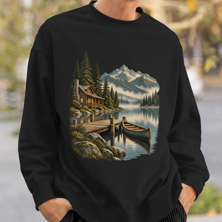Women's Lakeside Canoe Cabin Escape Scene Sweatshirt Gifts for Him Women's Lakeside Canoe Cabin Escape Scene Sweatshirt Gifts for Him