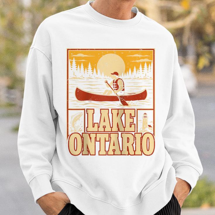 Lake Ontario Canoe Fishing Light House Sunset Retro Raglan Baseball Tee Sweatshirt Gifts for Him
