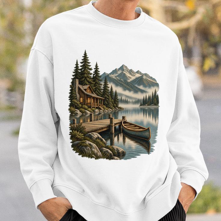 Lakeside Canoe Cabin Escape Scene Sweatshirt Gifts for Him