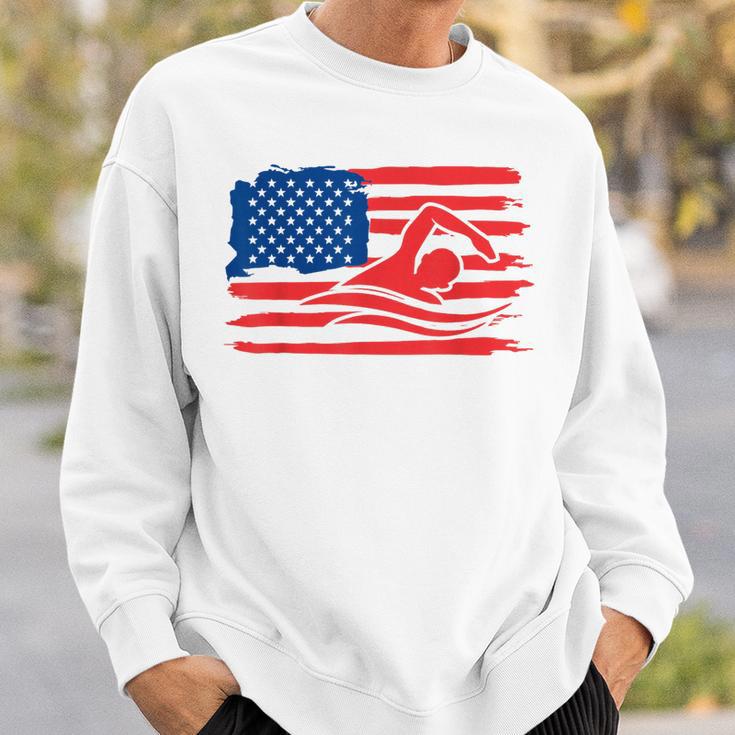 Vintage American Flag Swim Team Swimmer Funny Swimming Gift Sweatshirt Gifts for Him