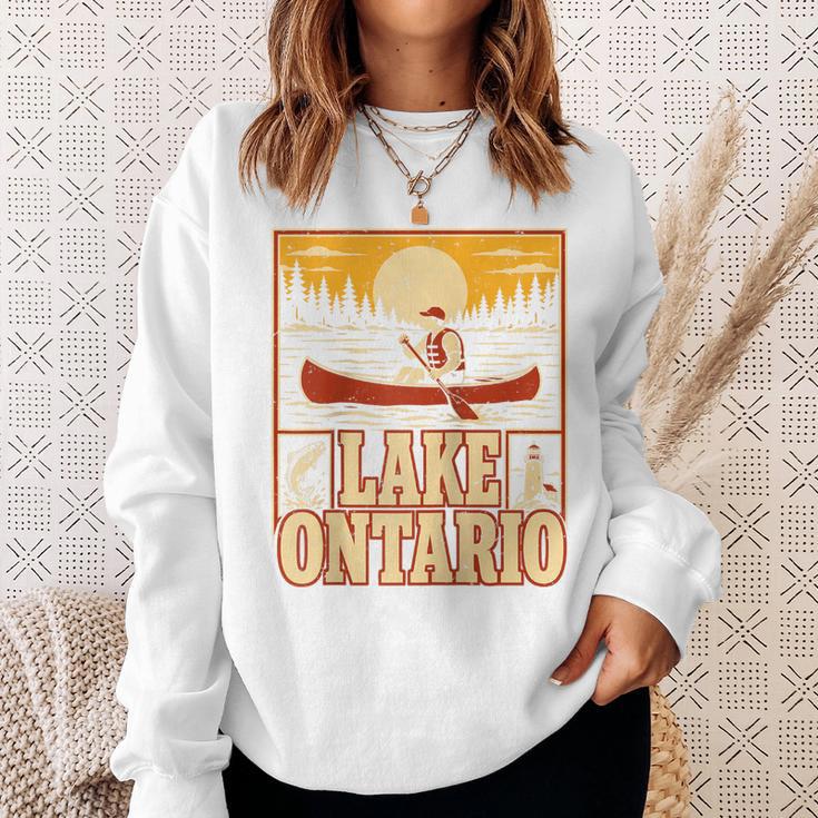 Lake Ontario Canoe Fishing Light House Sunset Retro Raglan Baseball Tee Sweatshirt Gifts for Her