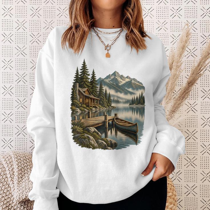 Lakeside Canoe Cabin Escape Scene Raglan Baseball Tee Sweatshirt Gifts for Her Lakeside Canoe Cabin Escape Scene Raglan Baseball Tee Sweatshirt Gifts for Her