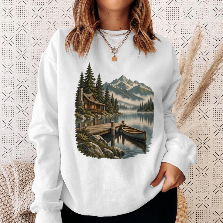 Lakeside Canoe Cabin Escape Scene Sweatshirt Gifts for Her