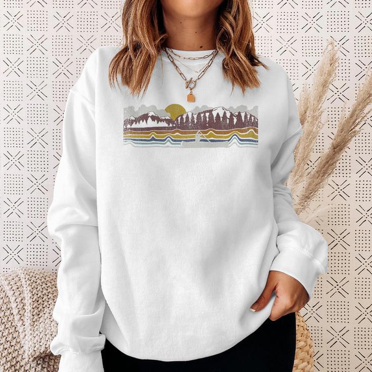 Trendy Canoe Silhouette Colourful Landscape Raglan Baseball Tee Sweatshirt Gifts for Her