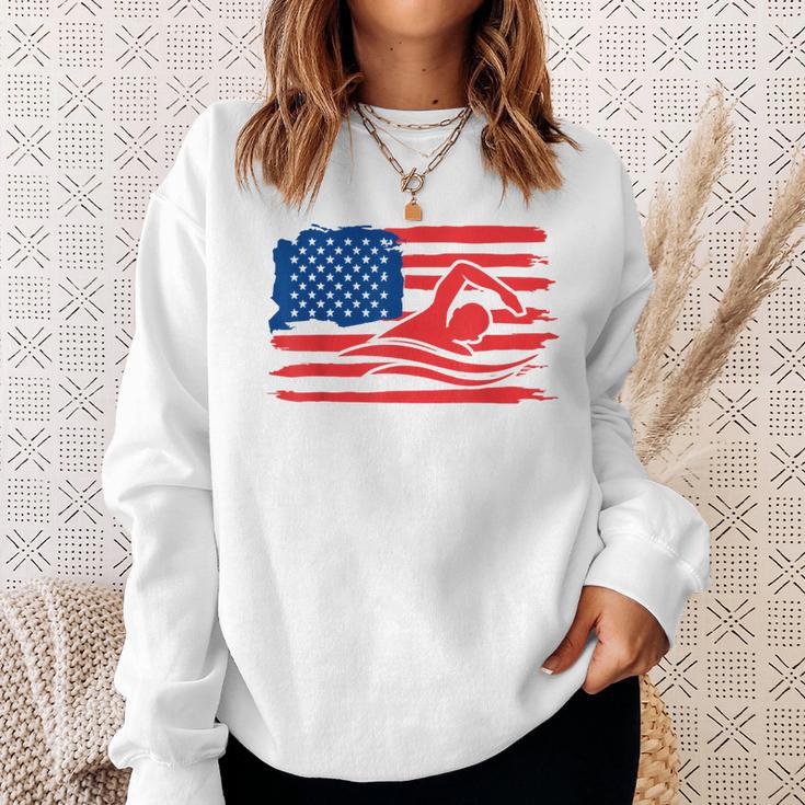 Vintage American Flag Swim Team Swimmer Funny Swimming Gift Sweatshirt Gifts for Her