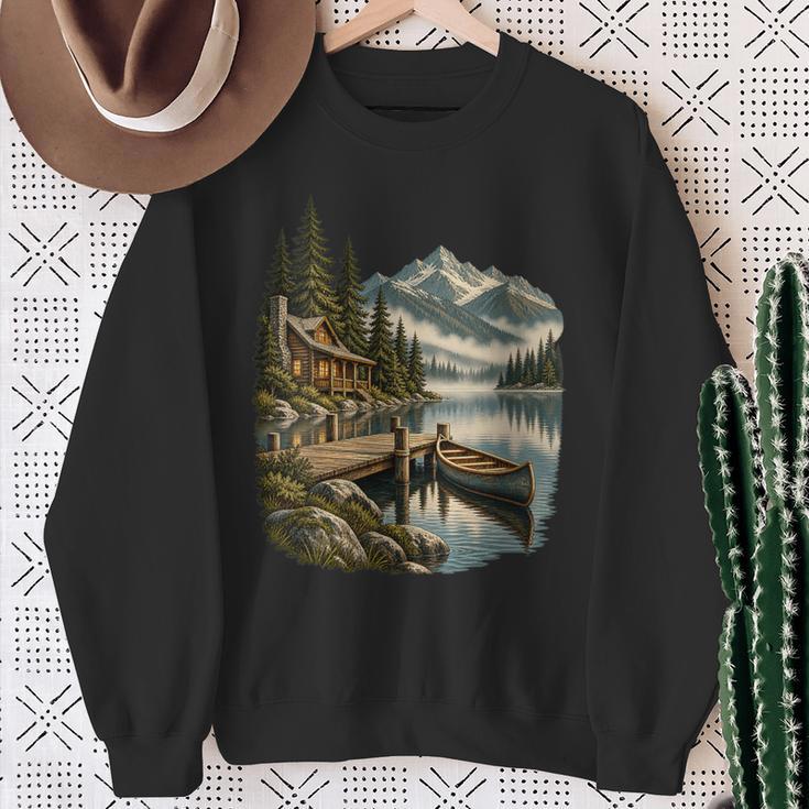 Women's Lakeside Canoe Cabin Escape Scene Sweatshirt Gifts for Old Women Women's Lakeside Canoe Cabin Escape Scene Sweatshirt Gifts for Old Women