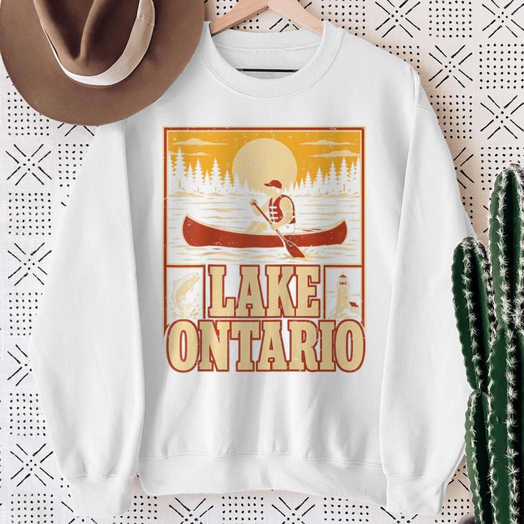 Lake Ontario Canoe Fishing Light House Sunset Retro Raglan Baseball Tee Sweatshirt Gifts for Old Women