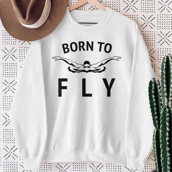 Swimmer Swim Team Born To Fly Butterfly Stroke Swimming Sweatshirt Gifts for Old Women
