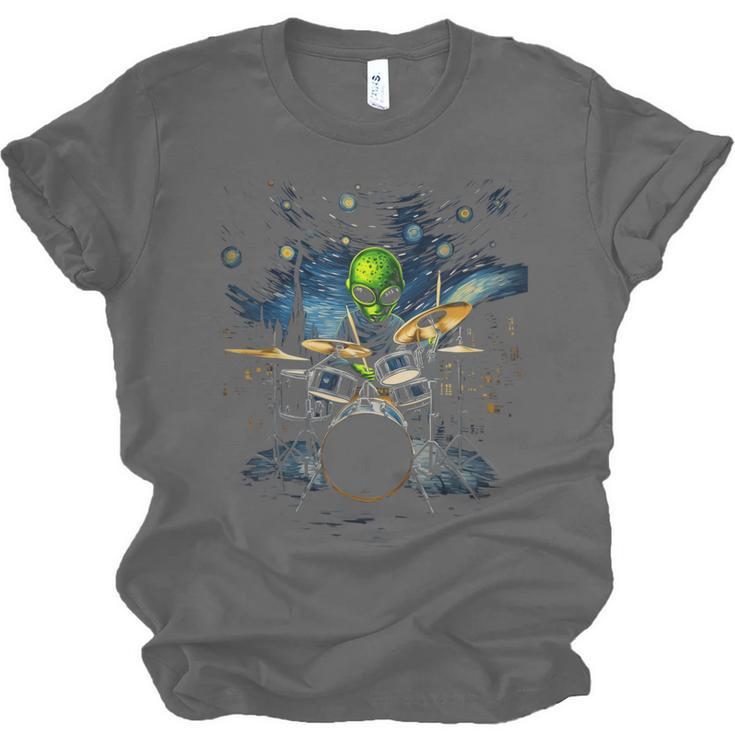 Drum Kit Percussionist Drummer Van Gogh Alien Playing Drums Unisex Jersey T-Shirt, trending gift