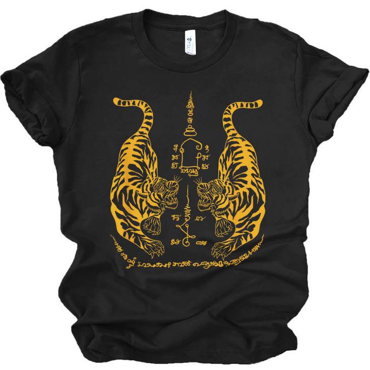 Awesome Orange Double Tiger Muay Thai Sak Yant Unisex Jersey T-Shirt