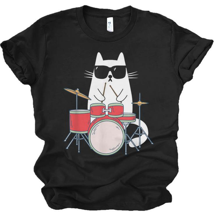 Cat Wearing Sunglasses Playing Drums Drum Kit Musician Unisex Jersey T-Shirt