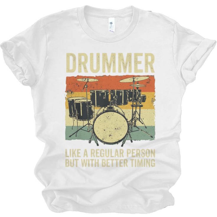 Drummer Better Timing Retro Vintage Sunset Drum Kit Graphic Unisex Jersey T-Shirt