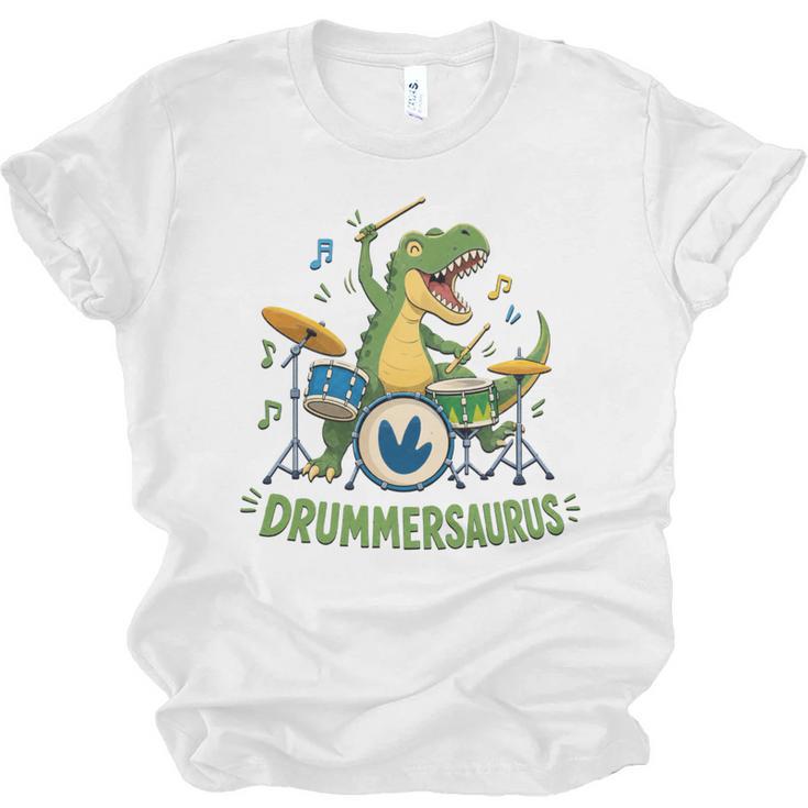 T-Rex Drumming With Drum Kit And Musical Notes Unisex Jersey T-Shirt