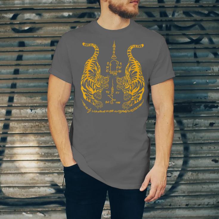 Awesome Orange Double Tiger Muay Thai Sak Yant Unisex Jersey T-Shirt