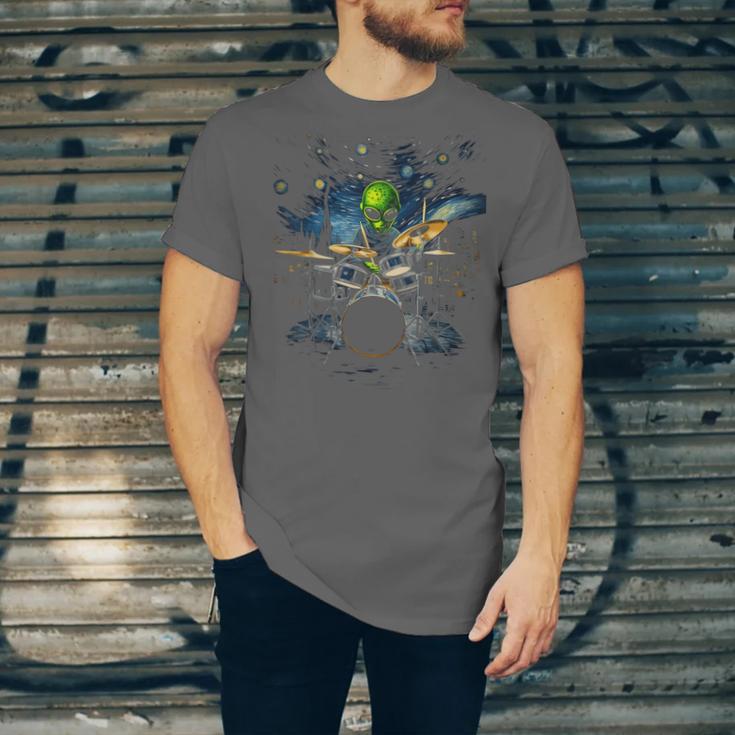 Drum Kit Percussionist Drummer Van Gogh Alien Playing Drums Unisex Jersey T-Shirt