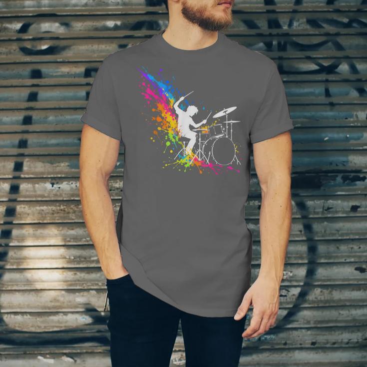 Drummer Silhouette Drum Kit Splatter Art Unisex Jersey T-Shirt Drummer Silhouette Drum Kit Splatter Art Unisex Jersey T-Shirt