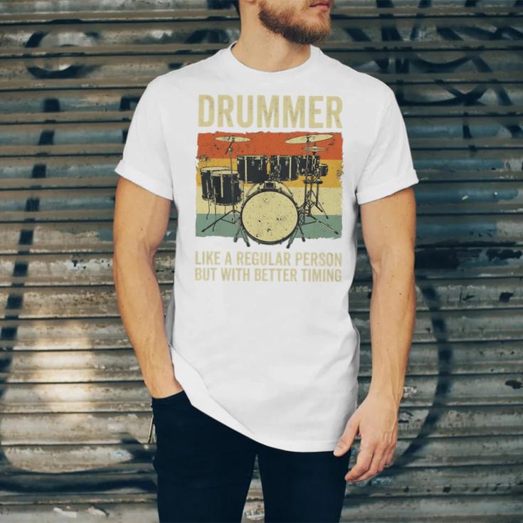 Drummer Better Timing Retro Vintage Sunset Drum Kit Graphic Unisex Jersey T-Shirt Drummer Better Timing Retro Vintage Sunset Drum Kit Graphic Unisex Jersey T-Shirt