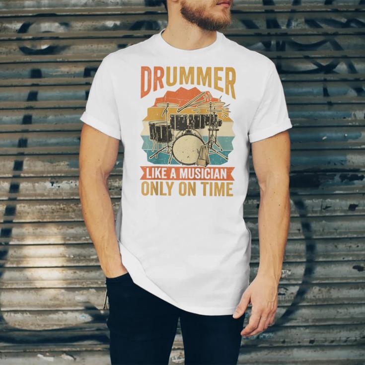 Drummer Like a Musician Only On Time Vintage Sunset Drum Kit Raglan Baseball Tee Unisex Jersey T-Shirt