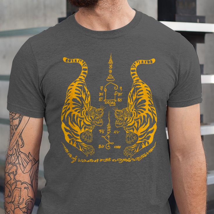 Awesome Orange Double Tiger Muay Thai Sak Yant Unisex Jersey T-Shirt