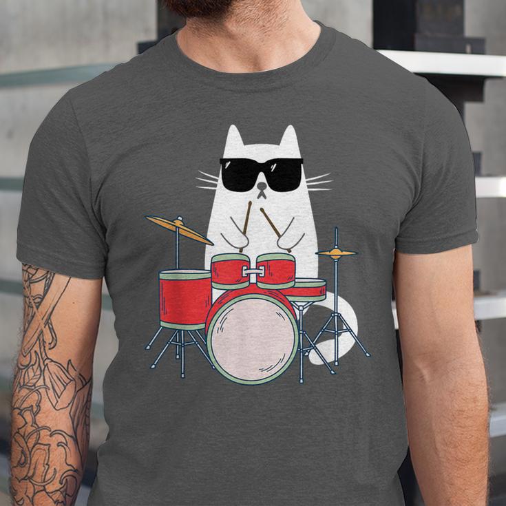 Cat Wearing Sunglasses Playing Drums Drum Kit Musician Unisex Jersey T-Shirt Cat Wearing Sunglasses Playing Drums Drum Kit Musician Unisex Jersey T-Shirt