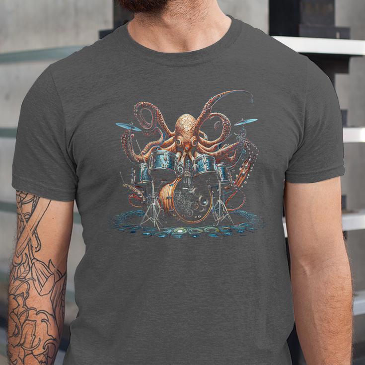 Drum Kit Percussionist Drummer Octopus Playing Drums Unisex Jersey T-Shirt Drum Kit Percussionist Drummer Octopus Playing Drums Unisex Jersey T-Shirt