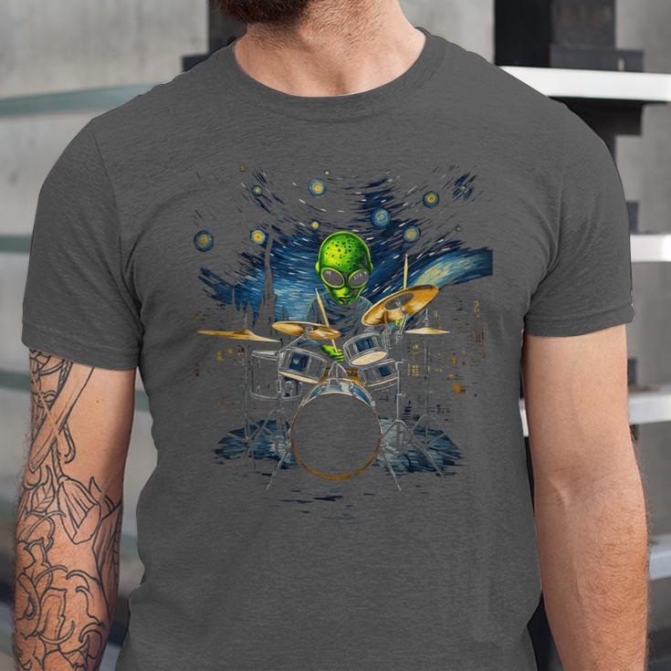 Drum Kit Percussionist Drummer Van Gogh Alien Playing Drums Unisex Jersey T-Shirt