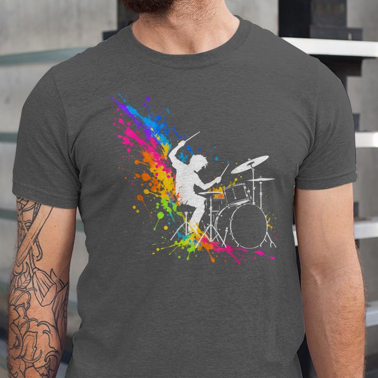 Drummer Silhouette Drum Kit Splatter Art Unisex Jersey T-Shirt Drummer Silhouette Drum Kit Splatter Art Unisex Jersey T-Shirt