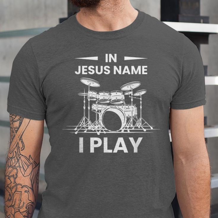 In Jesus Name I Play Drummer Drum Kit Unisex Jersey T-Shirt In Jesus Name I Play Drummer Drum Kit Unisex Jersey T-Shirt