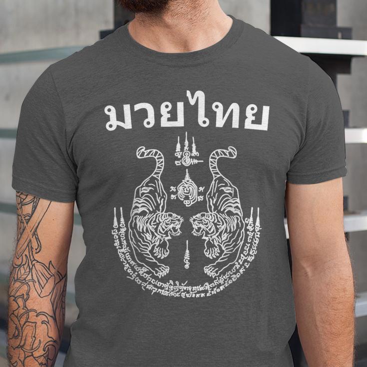 Muay Thai Language Sak Yant Art Tattoo Twin Tiger Kickboxing Unisex Jersey T-Shirt Muay Thai Language Sak Yant Art Tattoo Twin Tiger Kickboxing Unisex Jersey T-Shirt
