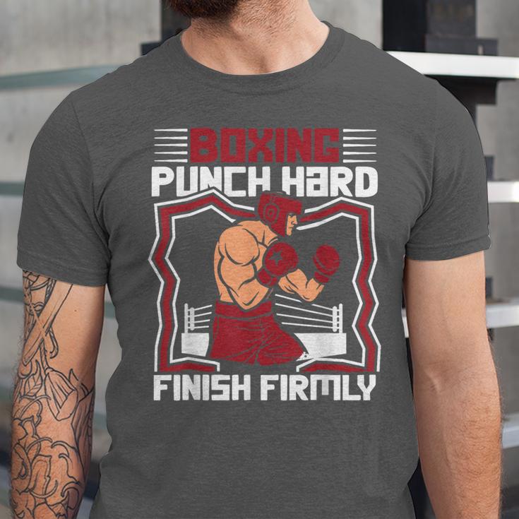 Punch Hard Finish Firmly Kickboxer Fan Muay Thai Boxing Unisex Jersey T-Shirt Punch Hard Finish Firmly Kickboxer Fan Muay Thai Boxing Unisex Jersey T-Shirt