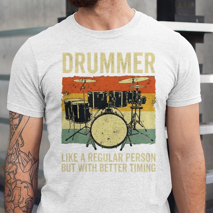 Drummer Better Timing Retro Vintage Sunset Drum Kit Graphic Unisex Jersey T-Shirt Drummer Better Timing Retro Vintage Sunset Drum Kit Graphic Unisex Jersey T-Shirt