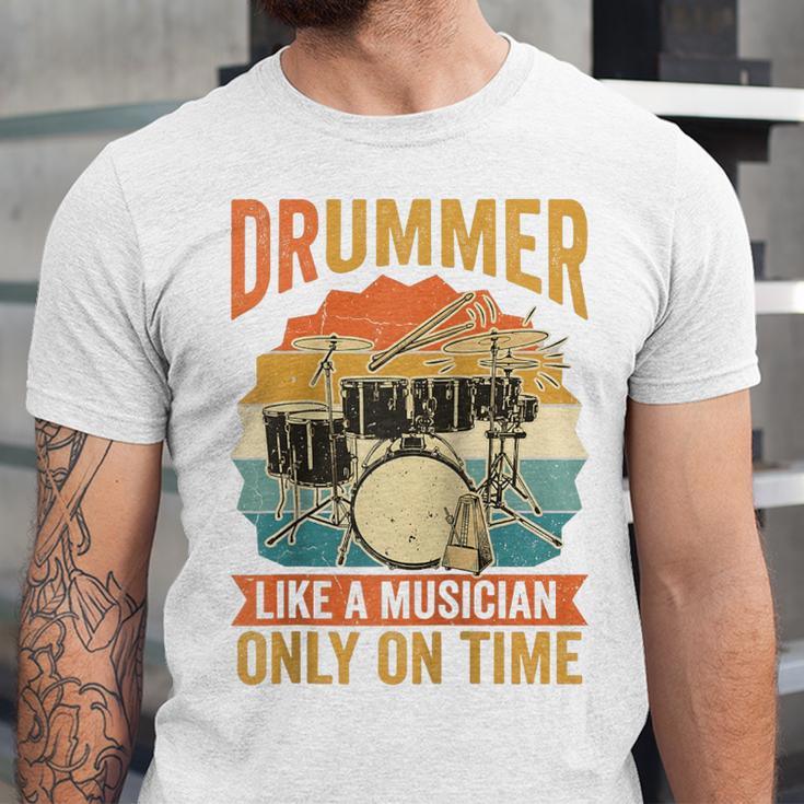 Drummer Like a Musician Only On Time Vintage Sunset Drum Kit Raglan Baseball Tee Unisex Jersey T-Shirt