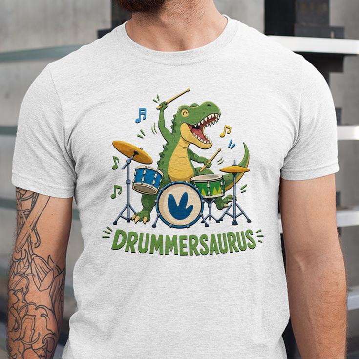 T-Rex Drumming With Drum Kit And Musical Notes Unisex Jersey T-Shirt T-Rex Drumming With Drum Kit And Musical Notes Unisex Jersey T-Shirt