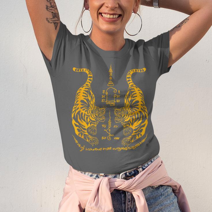 Awesome Orange Double Tiger Muay Thai Sak Yant Unisex Jersey T-Shirt