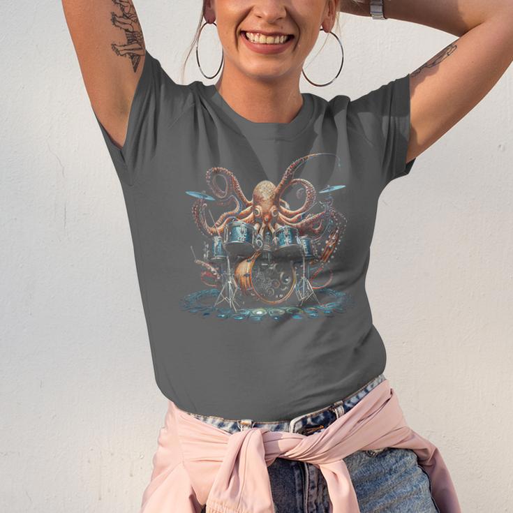 Drum Kit Percussionist Drummer Octopus Playing Drums Unisex Jersey T-Shirt Drum Kit Percussionist Drummer Octopus Playing Drums Unisex Jersey T-Shirt
