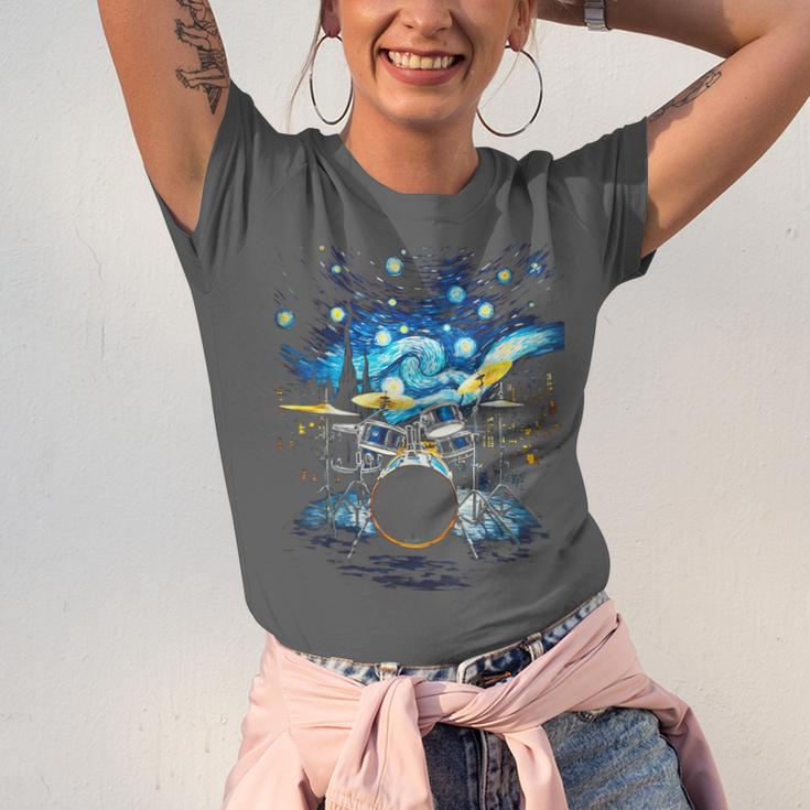 Drum Kit Percussionist Drummer Van Gogh Drums Unisex Jersey T-Shirt Drum Kit Percussionist Drummer Van Gogh Drums Unisex Jersey T-Shirt