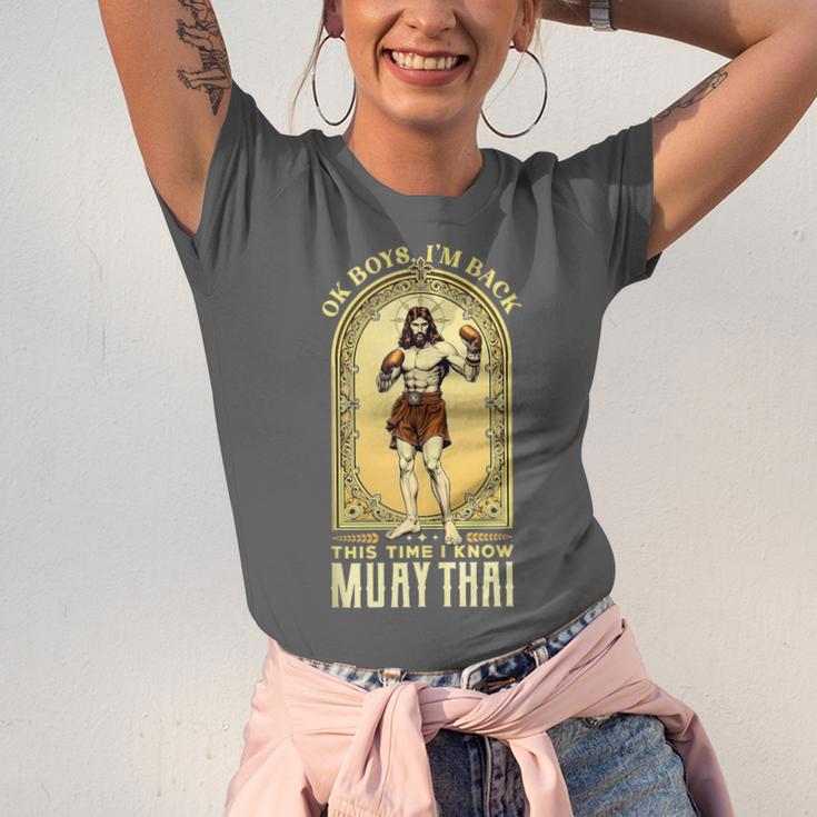 Jesus Knows Muay Thai Boxing Kickboxing MMA Unisex Jersey T-Shirt