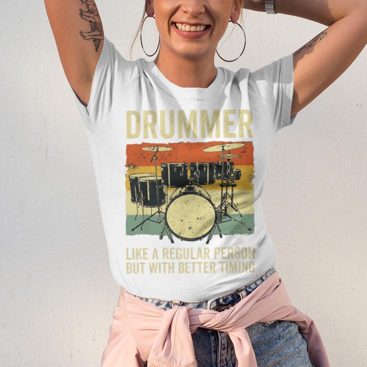 Drummer Better Timing Retro Vintage Sunset Drum Kit Graphic Unisex Jersey T-Shirt Drummer Better Timing Retro Vintage Sunset Drum Kit Graphic Unisex Jersey T-Shirt