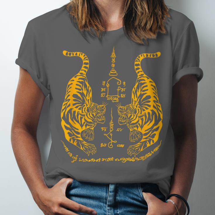 Awesome Orange Double Tiger Muay Thai Sak Yant Unisex Jersey T-Shirt