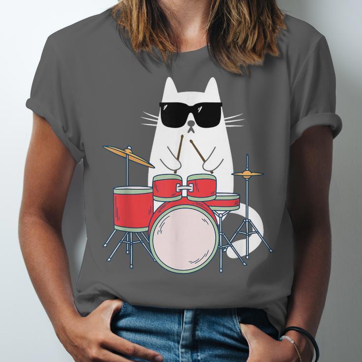 Cat Wearing Sunglasses Playing Drums Drum Kit Musician Unisex Jersey T-Shirt Cat Wearing Sunglasses Playing Drums Drum Kit Musician Unisex Jersey T-Shirt